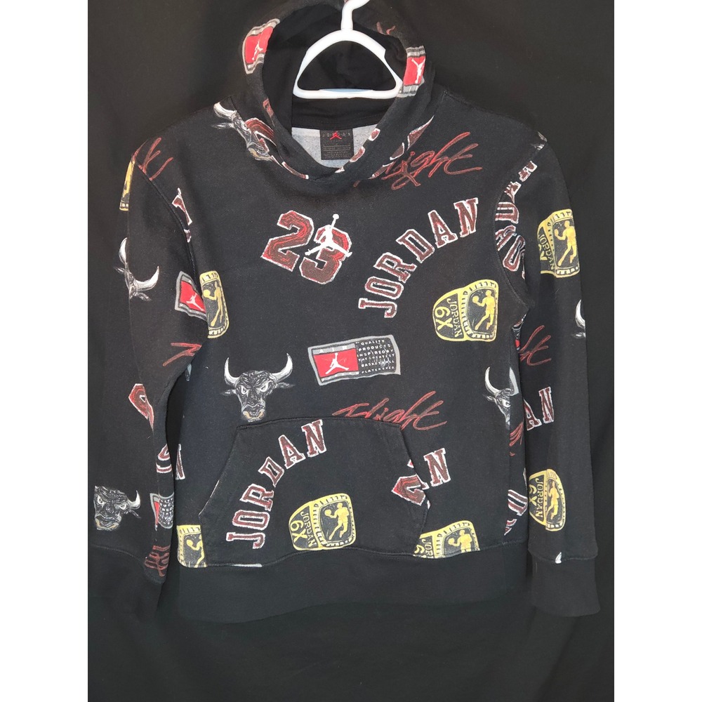 Jordan Youth Black Pullover Hoodie 23 Bulls Logo Jumpman Spellout Size L 12-13